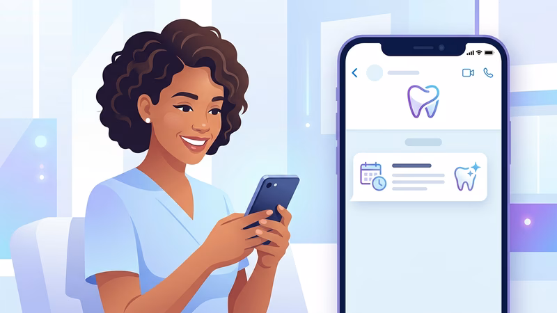 Paciente sorridente recebendo lembrete digital de retorno de clareamento dental no WhatsApp