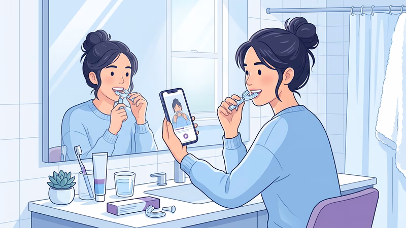 Paciente jovem aplicando gel clareador em casa enquanto consulta vídeos tutoriais em seu smartphone, ambiente doméstico,