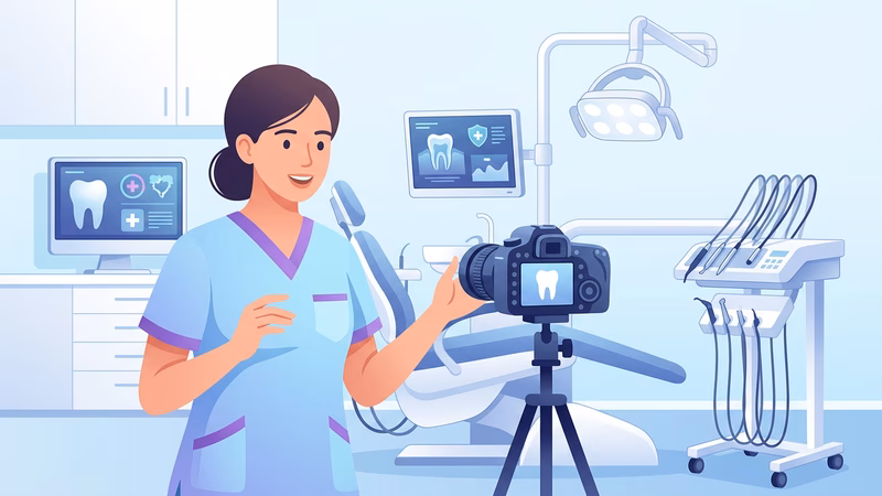 Dentista gravando vídeo educativo sobre riscos do clareamento dental caseiro, cenário de consultório moderno, equipament