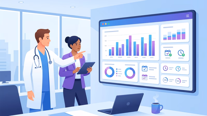 Profissional de marketing e médico analisando juntos um dashboard digital com métricas de agendamento de pacientes, gráficos coloridos e estatísticas em tela grande