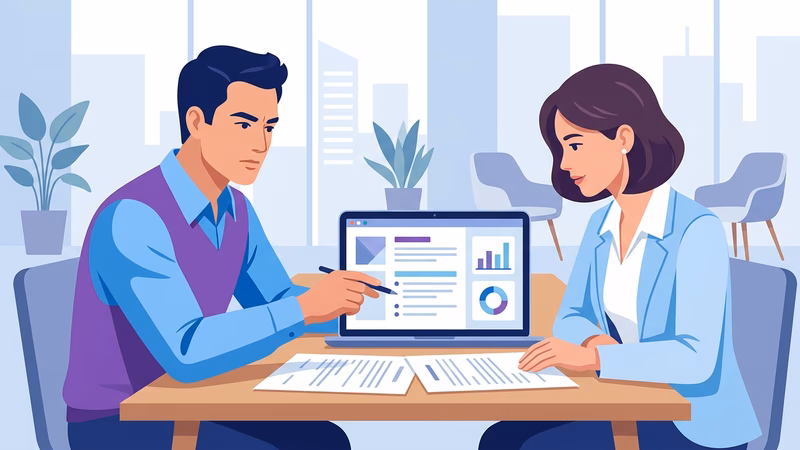 Gestor de clínica avaliando contrato transparente com consultor de agência especializada em marketing médico, gráficos e listas no notebook