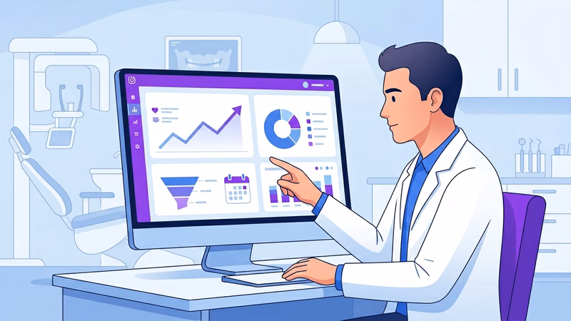 Dentista analisando métricas de engajamento e agendamento no Instagram em tela de computador, com gráficos de conversão