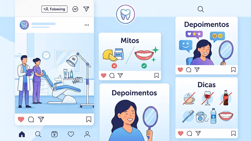 Feed de Instagram de um consultório odontológico mostrando diferentes formatos de postagens sobre clareamento dental