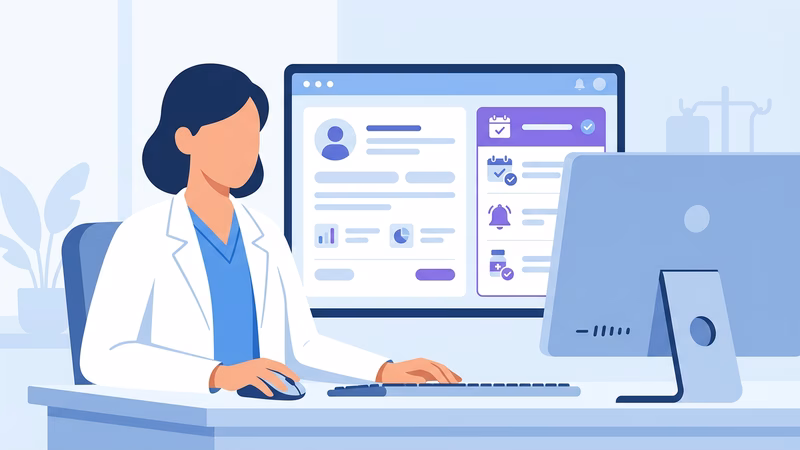 Profissional de saúde sentado em frente ao computador, visualizando um painel de CRM com informações completas do pacien