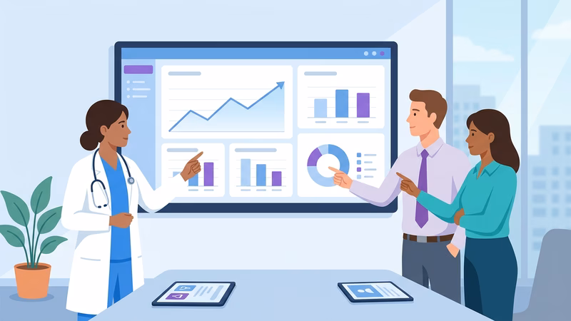 Equipe de clínica reunida em frente a um grande monitor, analisando gráficos de desempenho e indicadores extraídos do CR