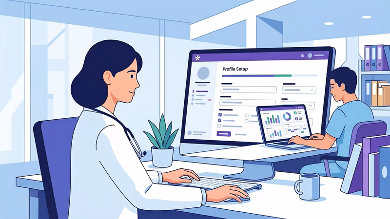 Profissional da saúde preenchendo perfil na Doctoralia, enquanto outra pessoa analisa estatísticas de agendamento no not
