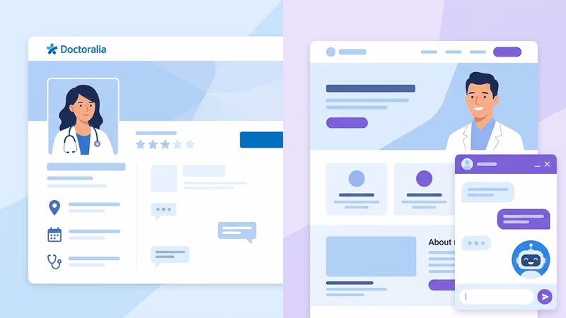 Tela dividida mostrando de um lado um perfil na Doctoralia e do outro um site personalizado de profissional de saúde com