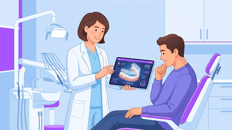 Dentista mostrando para paciente uma simulação digital 3D de tratamento odontológico inovador em tablet