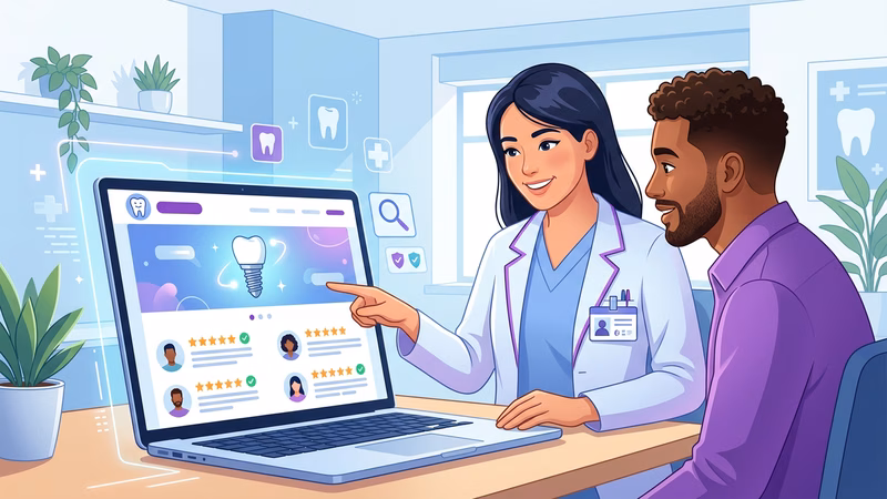 Dentista mostrando o site do consultório com avaliações positivas e destaque para implante dental no Google, paciente in