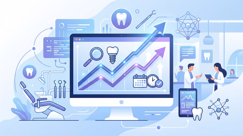 Gráfico no monitor mostrando aumento nas buscas por "implante dental" e crescimento no agendamento online para consultórios odontológicos