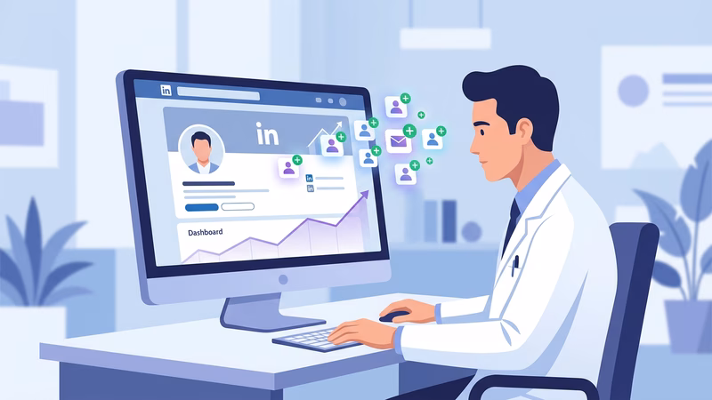 Médico de jaleco olhando para tela de computador, analisando notificações e conexões no LinkedIn, com gráficos sutis de