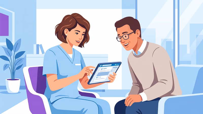 Médico(a) escrevendo post no LinkedIn via tablet, enquanto paciente olha tela com interesse, representando conexão digit