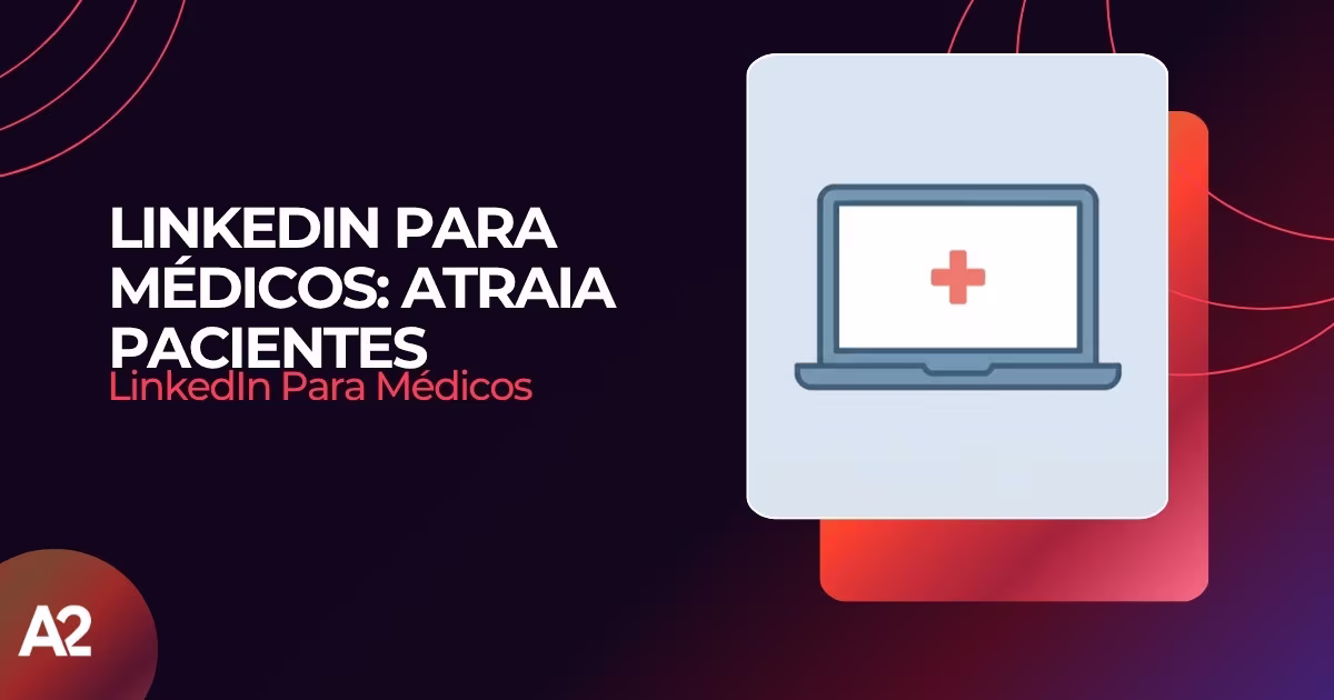 Médico sorridente atualizando perfil no LinkedIn em notebook, cercado de elementos digitais que simbolizam networking na área da saúde