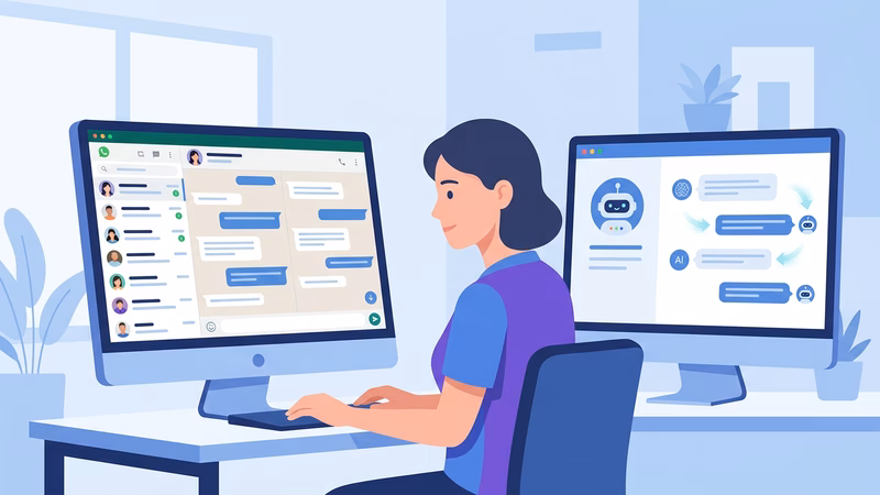 Secretária de clínica olhando para tela cheia de conversas no WhatsApp, enquanto chatbot automatizado responde paciente