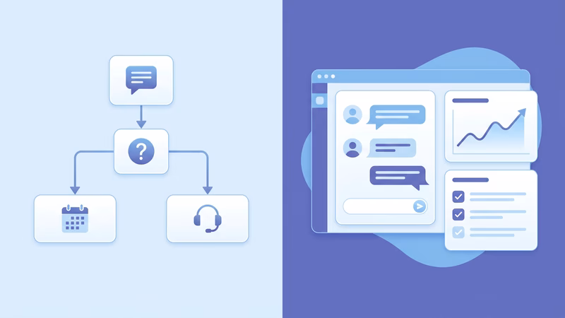 Fluxo visual de automação do Manychat comparado a um dashboard personalizado de agente de IA para clínicas