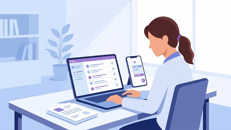 Nutricionista analisando documentos e códigos CNAE no laptop ao lado de um smartphone mostrando agenda online