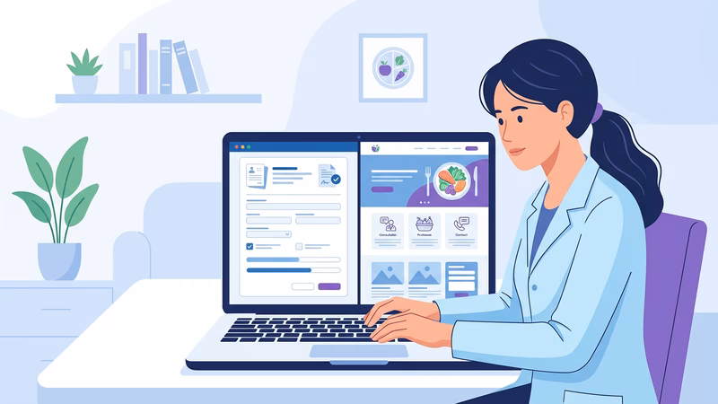 Nutricionista digitando no computador, com tela mostrando cadastro de MEI e site profissional lado a lado