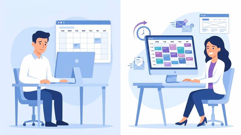 Ilustração de dois psicólogos online: um com agenda vazia e expressão preocupada diante do computador, outro sorrindo, a